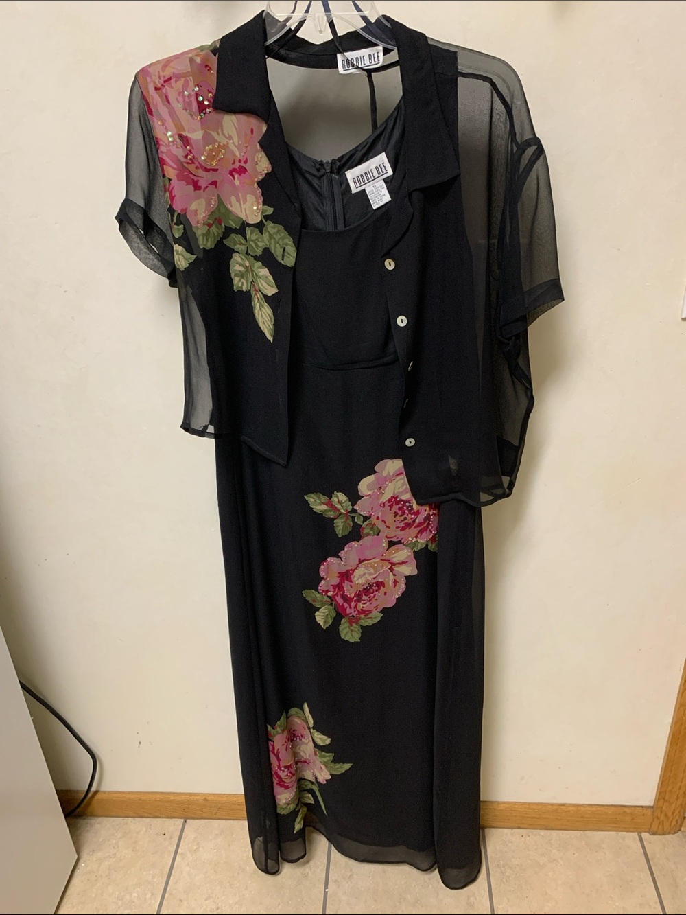 New Robbie Bee Black Maxi Dress with Pink Floral Print and Sheer Jacket